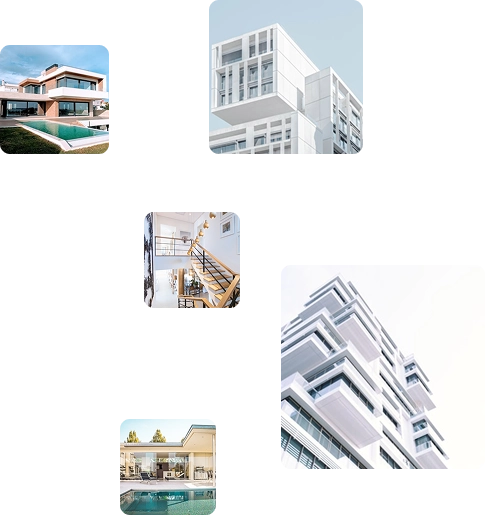 Collage met hedendaagse residentiële architectuur, luxe woningen, elegante interieurs en moderne appartementsgebouwen met een schoon ontwerp en premium vastgoedesthetiek.