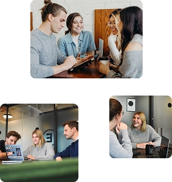 Collage van professionals die samenwerken in vergaderingen, projecten bespreken en samen werken in een moderne kantooromgeving gericht op teamwork en communicatie.